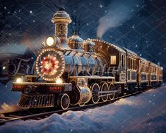 a christmas train with lights on it traveling through the snow