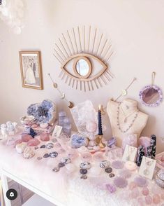 Crystal Inspired Bedroom, Boho Crystal Aesthetic Room, Witchy Office Ideas, Crystal Collection Display Ideas, Witchcraft Bedroom, Pastel Witch Aesthetic, Witch Office, Spiritual Room Ideas, Spiritual Bedroom