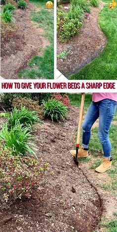 a woman digging in the ground with a shovel and flower bed behind her is an advertisement for how to give your flower beds a sharp edge