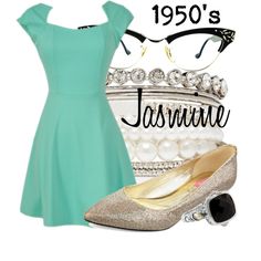 a woman wearing a dress and shoes with the name 1950's on it