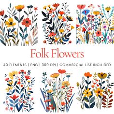 four different flower illustrations with the words folk flowers