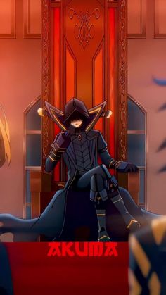 an anime character sitting on top of a red chair in front of a doorway with two swords