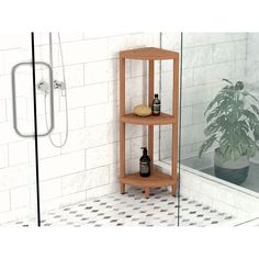 a corner shelf in the middle of a tiled bathroom