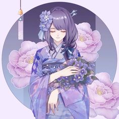 an anime character with purple hair and blue eyes holding flowers in her hands, wearing a kimono