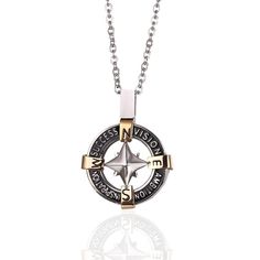 |200001034:361180#DZ001202;200000639:4#49.5 The Compass, A Compass, Compass Necklace, Nautical Jewelry, Wide Band Rings, Charm Set, Necklace Sterling Silver, Types Of Rings, Steel Chain