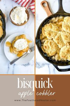 The first image is an apple cobbler served on a plate with a fork and a bowl of whipped cream. the second image is a freshly baked apple cobbler on a skillet Bisquick Apple Cobbler, Apple Cobbler Topping, Easy Entertaining Food, Homemade Apple Cobbler, Entertaining Snacks, Berry Cobbler Recipes, Fresh Fruit Desserts, Apple Cobbler Recipe