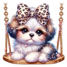 a small dog with a bow on top of it's head sitting on a swing