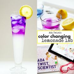 an image of a lemon and blue liquid in a glass with the text color changing lemonade lab