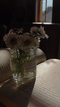 a jar filled with flowers sitting on top of an open book