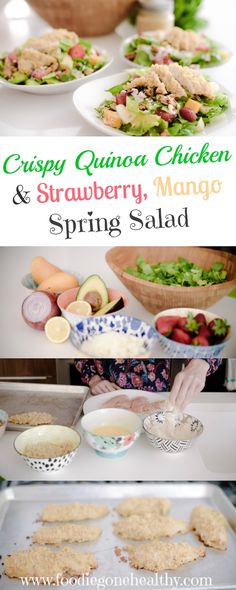 the process of making crispy quinoa chicken and strawberry mango spring salad