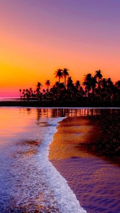 the sun is setting at the beach with palm trees in the background and waves coming in to shore