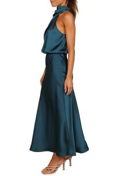 Petal & Pup Annabelle Satin Midi Dress | Nordstrom High Neck Wedding Guest Dress, Teal Cocktail Dress, Defined Waist, Purple Midi Dress, Yellow Midi Dress, Cocktail Attire, Teal Dress, Womens Cocktail Dresses, Grad Dresses