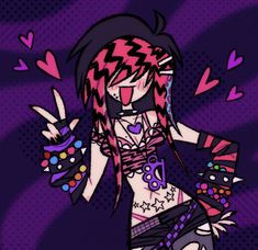 a drawing of a girl with pink hair and piercings on her chest, holding two fingers