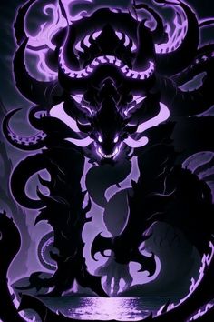 a dragon with purple lights on it's face and tail, in front of a dark background