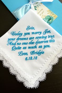 ♥ To view more Something Blue ideas please visit: https://etsy.me/331fI2W ♥ SALE section https://etsy.me/2M7lSYm Embroidered wedding handkerchief for Bride from Maid of Honor Sister hanky Bridesmaid wedding unique gifts hankerchief Custom hankie SIZE * 11,8 x 11,8 - 30 cm x 30 cm COLOUR on a pic - 4 MATERIALS * 100% Cotton - Batista It can be personalize your own saying up to 25 words. For example: For Bride from maid of honor (Brides name), Today you marry (Grooms name), your dreams are coming Blue Embroidered Wedding Handkerchief, Blue Embroidered Handkerchief For Wedding, Blue Embroidered Handkerchiefs For Wedding, Embroidered Hankerchief, Personalized Handkerchief, Something Blue For Bride, Embroidered Handkerchief Wedding, Bride Personalized, Personalized Handkerchiefs