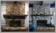 two pictures of a stone fireplace in a living room