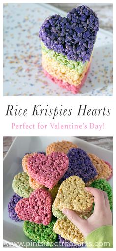 rice krispies hearts for valentine's day on a plate with the words rice krispies hearts