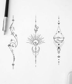 three different designs on a white surface next to a pen