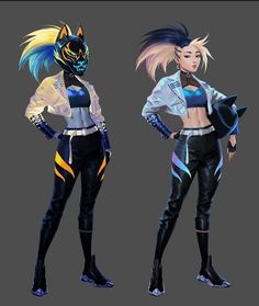 two women in futuristic outfits with cats ears on their head and one wearing black pants