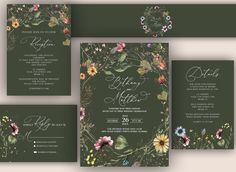 wedding stationery set with flowers and leaves on the front, back and side panels