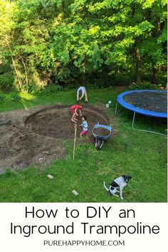 people are digging in the yard with their dog and another person standing next to it