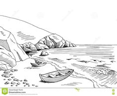 a boat on the beach with rocks and water in black and white stock photo image