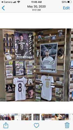 an image of sports memorabilia displayed on wooden pallets with instagrams and t - shirts