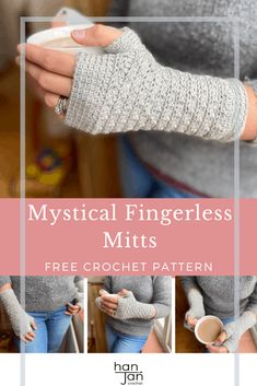 the knit fingerless mitts pattern is shown in three different pictures