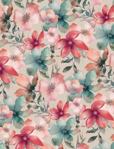 watercolor flowers on a beige background with green and red leaves in the center,