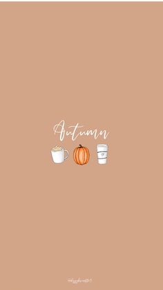 two cups of coffee with the words autumn written in white ink on an orange background