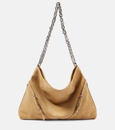 Voyou Chain Medium suede shoulder bag in beige - Givenchy | Mytheresa Luxury Suede Shoulder Bag With Metal Hardware, Evening Brown Hobo Bag With Palladium Hardware, Leather Hobo Bag With Chain Strap, Leather Shoulder Bag With Chain Strap And Double Handle, Formal Leather Hobo Bag With Chain Strap, Everyday Suede Shoulder Bag With Silver-tone Hardware, Chic Suede Shoulder Bag With Silver-tone Hardware, Soft Suede Leather Evening Shoulder Bag, Brown Hobo Bag With Metal Hardware For Evening