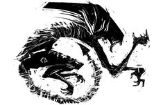 a black and white drawing of a person riding a bike with an animal on it's back