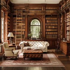 a living room with lots of bookshelves and leather couches in front of a window