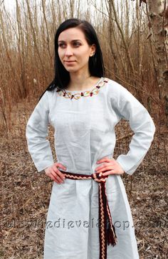 "This early medieval linen dress is universal for the Vikings and Slavs or any others reenactors. Based on medieval iconography and archaeological finds from Europe. Ideal for any era and any lady. Suitable for casual wear or special occasions that you choose! Give yourself the opportunity to try on the look of a Slavic woman or a Viking woman. This special dress is decorated with handmade embroidery, made of natural silk thread. The dress has 2 wedges on both sides, has tapered sleeves. It's lo Bohemian Linen Medieval Dress For Larp, Bohemian Medieval Dress For Festival, Bohemian Medieval Dress For Medieval Festivals, Traditional Embroidered Linen Dress, Traditional Long Sleeve Dresses For Larp, Medieval Iconography, Viking Clothes, Wench Costume, Medieval Dresses