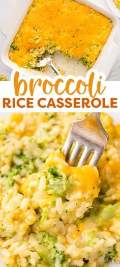 broccoli rice casserole in a white dish with a fork and text overlay