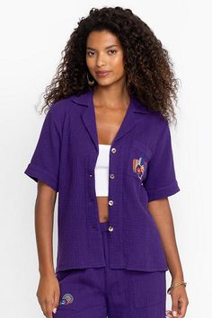 Crafted from 100% breathable cotton, the Desire Camp Shirt is embellished with intricate colorful embroidery at the front and back. Featuring a classic collared button-front, this relaxed-fit casual shirt is finished with a patch pocket at the chest. Pair with linen shorts and strappy sandals for a vibrant weekend look. Johnny Was Women's Camp Shirt in Violet Indigo Purple, Size Small, Linen/Cotton Indigo Purple, Colorful Embroidery, Women Camping, Women's Blouses, Camp Shirt, Chic Outfit, Embroidered Jeans, Linen Shorts, Camping Shirt