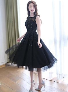 Beautiful Handmade Tea Length Tulle Black Party Dress, Black Bridesmai – BeMyBridesmaid Navy Blue Homecoming Dresses, Navy Blue Homecoming Dress, Black Bridesmaid Dress, Tea Length Tulle, Party Dress Black, Black Bridesmaid, Black Party Dress, Custom Bridesmaid Dress, Black Bridesmaids