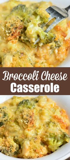 broccoli cheese casserole in a white bowl with a fork