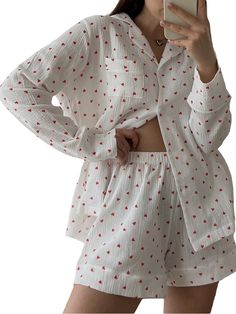 Women’s 2 Piece Pajamas Set Long Sleeve Heart Print Button Up Shirt + Shorts Set Loungewear Cotton Loungewear, Midsize Fashion, Chic Summer Outfits, Short Loungewear, Cotton Sleepwear, Womens Pyjama Sets, Women Nightwear, Cotton Set, Pajamas Set