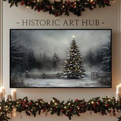 a christmas tree with lit candles in front of it and the words historic art hub above it