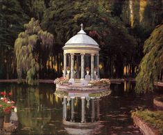 a painting of a gazebo in the middle of a pond surrounded by trees and flowers