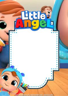 the little angel is standing in front of an empty sign with other characters behind it