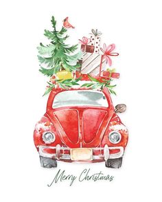 an old red car with presents on top and christmas tree in the back seat, watercolor