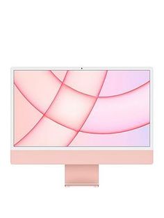 a computer monitor with a pink background on it's screen and an apple logo in the bottom corner