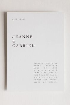 a white card with the words jeanne and gabril on it