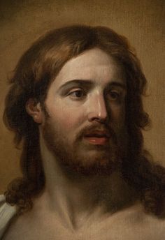 a painting of jesus with long hair and no shirt on, looking to his left