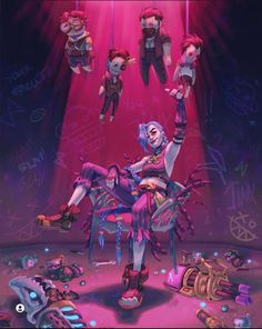 an animated character sitting on top of a chair in front of a red light with other characters