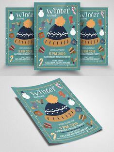 three flyers for winter festival with an image of a hat and snowman on it