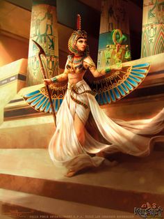 an egyptian woman dressed in white and gold is standing on some steps with her arms outstretched