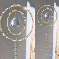 two pictures of the same item hanging from a pole, one with a crystal ball and another with a chain attached to it